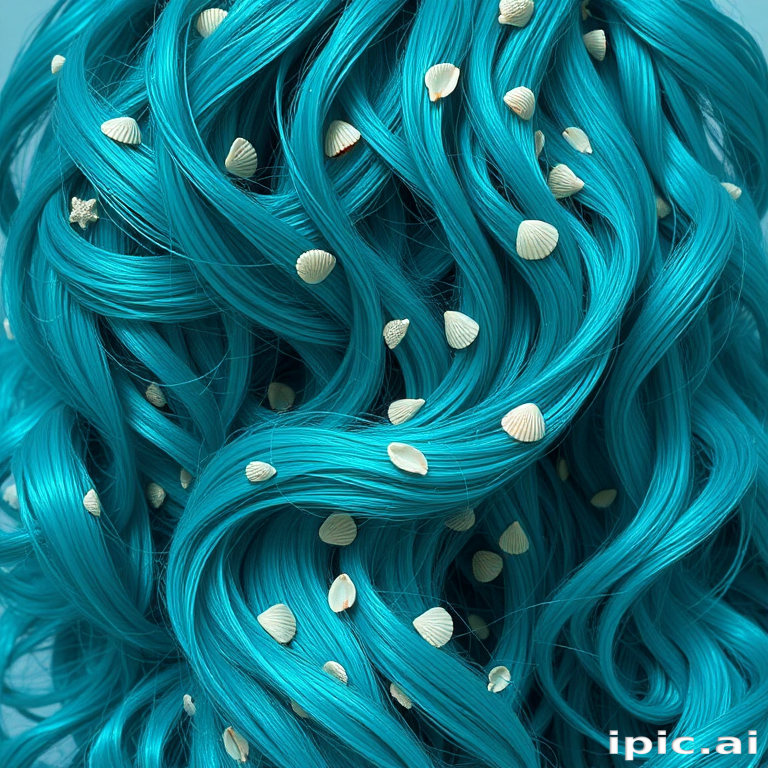 Vibrant teal mermaid waves cascade down to the waist, shimmering with iridescent highlights and adorned with tiny seashells, capturing the essence of the ocean's depths