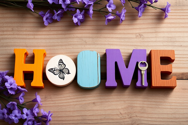 Create an image of wooden letters spelling "HOME" in varying colors, with a butterfly design on the 'O' and a key next to it, set against a rustic wooden background adorned with purple flowers, captured with a 50mm lens, f/2.8 aperture, ISO 100, in natural light, DSLR camera.
