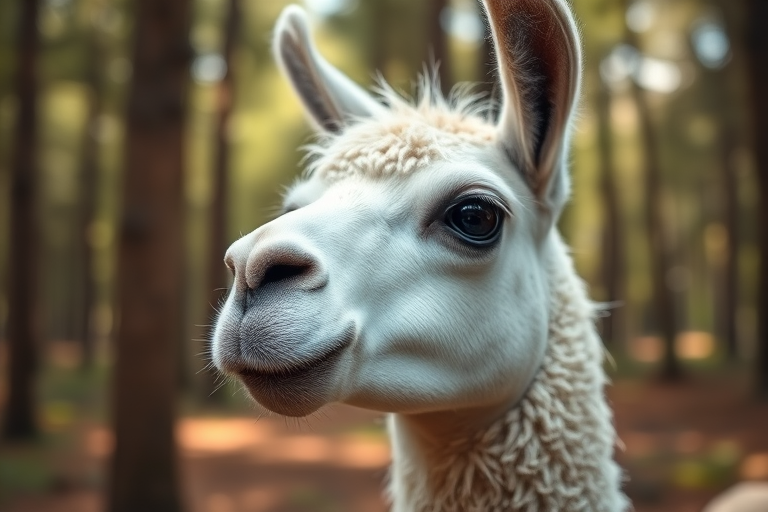 A close-up shot of a llama's head in a natural forest setting, with soft lighting and a shallow depth of field, taken with a DSLR camera, 50mm lens, aperture f/2.8, ISO 200, with a focus on the llama's facial features and a blurred background.
