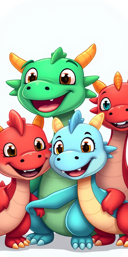 Create a vibrant, illustrated image of four cartoon dragons in different colors (green, blue, red, and light blue) with playful expressions, using a DSLR camera with a 50mm lens, f/2.8 aperture, ISO 100, and a shallow depth of field for a soft background.