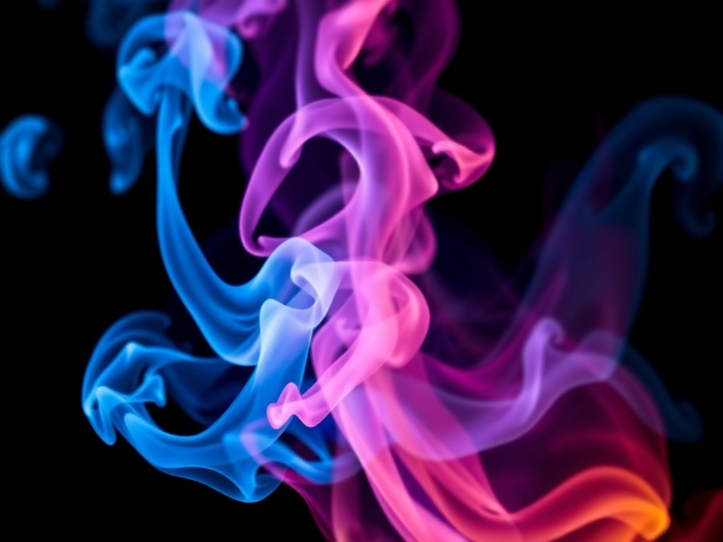 Create a vibrant abstract image of swirling smoke with colors of blue, pink, and orange on a black background using a wide-angle lens, f/8 aperture, ISO 100, 1/60 sec shutter speed, high dynamic range photography, and soft focus effect.