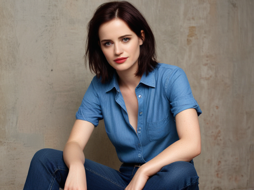 Ai Image Generator - Ai Art Generator - High Quality and 100% Unique Images  - iPic.Ai eva green in dark shirt and jeans with short hair and sitting