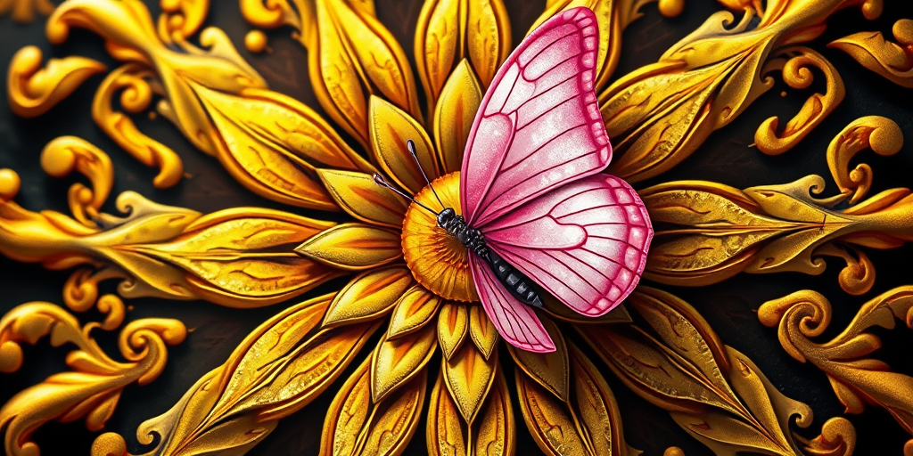 Create a detailed illustration of an ornate golden floral design with a shimmering pink butterfly perched on it, captured with a DSLR camera at f/2.8 aperture, ISO 100, 85mm lens, in macro view, with vibrant colors and high resolution.