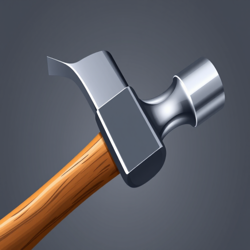 Generate an illustration of a hammer with a sleek metallic head and a polished wooden handle, captured with a DSLR camera at f/8, ISO 100, 1/200 sec, with a shallow depth of field, overhead view, realistic style.