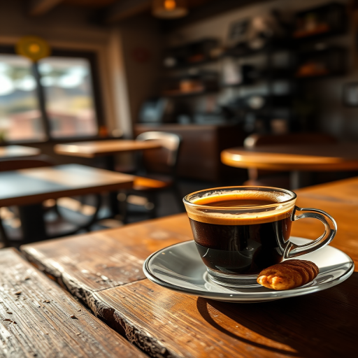 Warmly lit, close-up photo of a steaming cup of espresso on a rustic wooden table, soft sunlight reflecting off the dark liquid, with a small biscotti resting on the saucer and blurred background of a cozy  cafe.