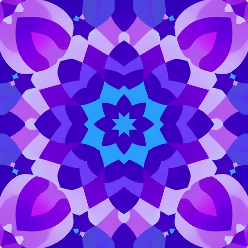 Create a vibrant geometric pattern with overlapping circles and stars in shades of purple, blue, and white, captured using a high-resolution DSLR camera at f/8 aperture, ISO 100, 50mm lens, in a top-down view to emphasize symmetry and depth.