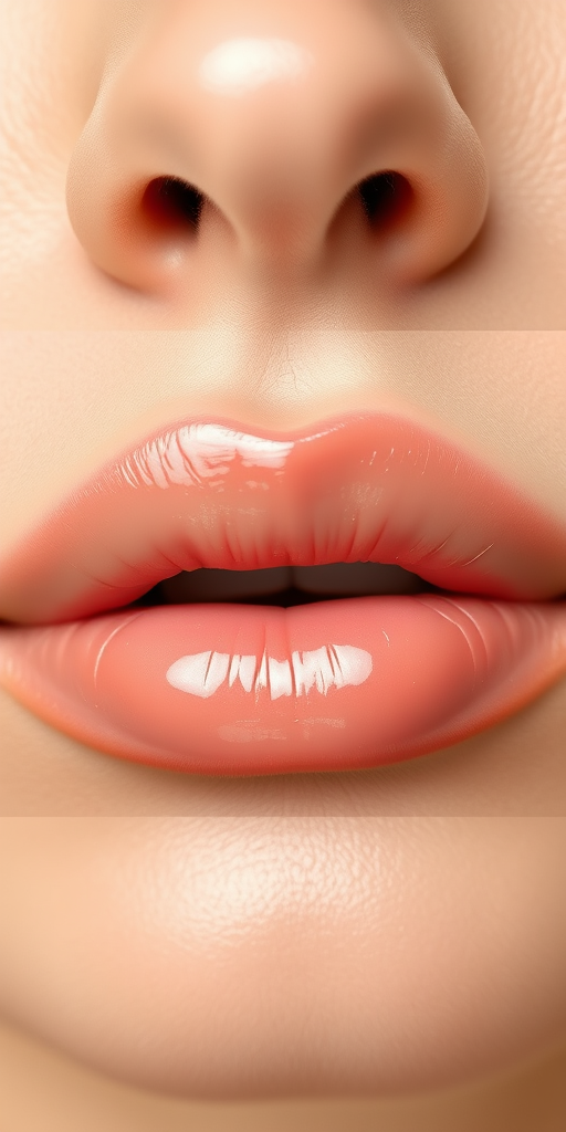 Glossy nude lips with a hint of peach, natural-looking and subtly enhanced, perfect for a fresh-faced and effortlessly chic appearance