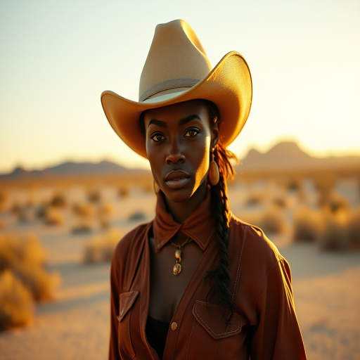 Dramatic photo of a beautiful Afro-Caribbean woman, classic cowboy attire, confident and free spirit expression, half-length portrait, centered, golden hour desert landscape, warm, diffused light, low angle, medium format film camera, in style of Annie Leibovitz.