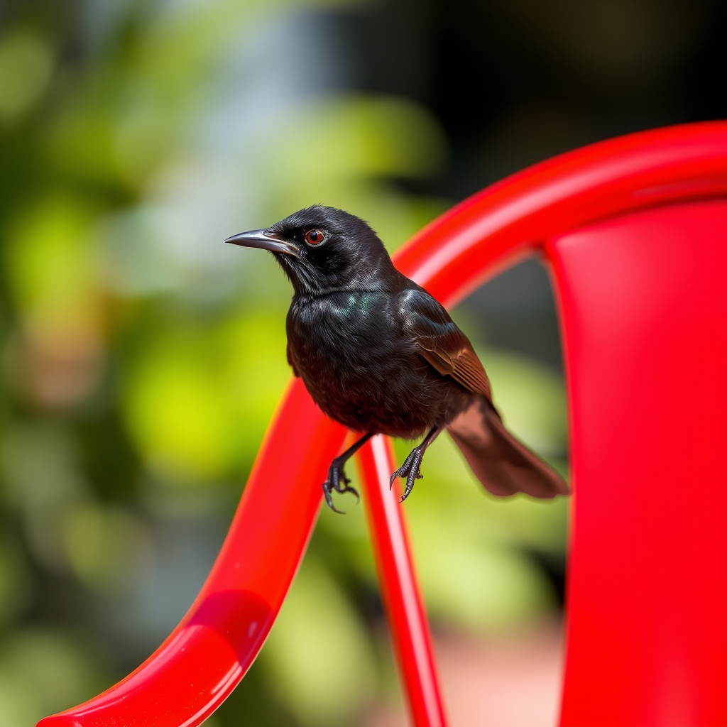 Capture a close-up of a black bird perched on a bright red chair with a shallow depth of field, using a DSLR camera with a 50mm lens, aperture f/1.8, ISO 200, and natural daylight to enhance colors and details.