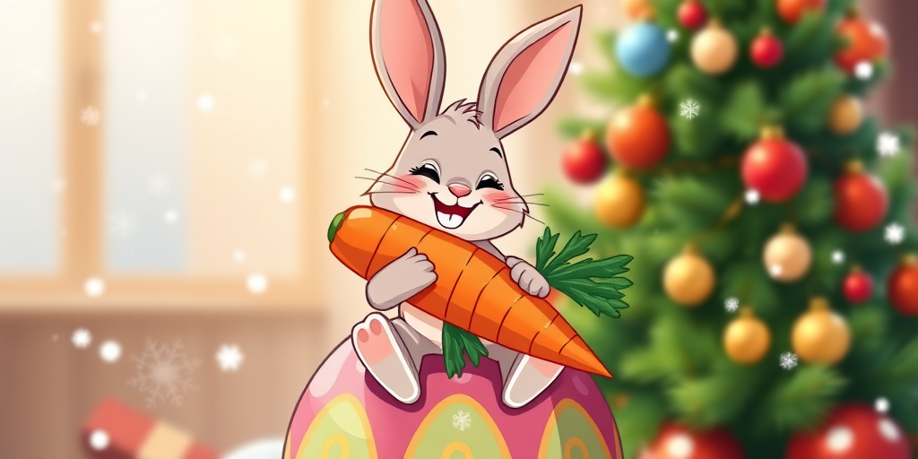 Create a cartoon illustration of a cheerful rabbit holding a large carrot while sitting on a colorful ornament, surrounded by snowflakes and a Christmas tree in the background, using a Canon EOS R5 at f/8 aperture, 50mm lens, and high saturation for vibrant colors.