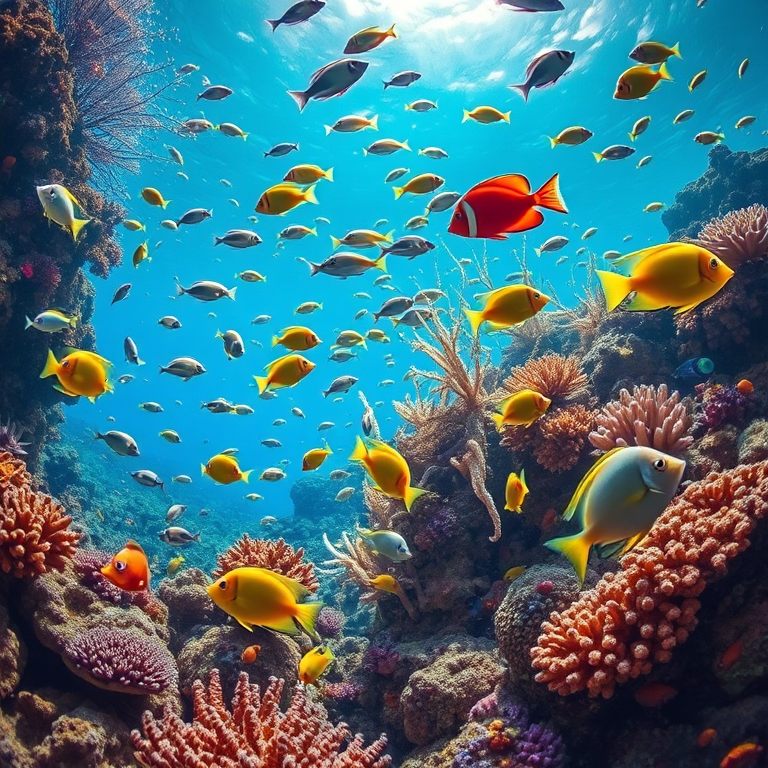 Create a vibrant underwater scene featuring various colorful fish and sea creatures amidst coral reefs and aquatic plants, with a bright blue background and sunlight filtering through the water, captured with a DSLR camera at f/8 aperture, 1/200 shutter speed, 24mm lens, and DSLR style for high detail and clarity.
