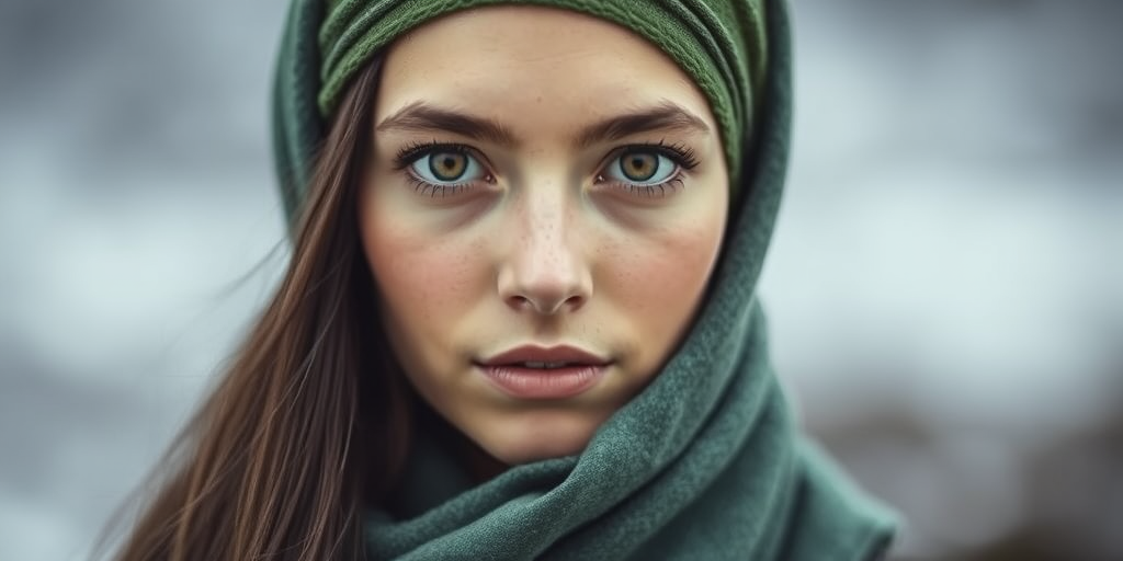 Create a portrait of a young Sami woman with long, dark hair and captivating hazel eyes. She is wearing a green headscarf and a matching scarf draped gracefully around her neck. The background is softly blurred, focusing attention on her serene and natural expression. The overall color palette is muted and warm, enhancing the intimate and authentic feel of the portrait.
