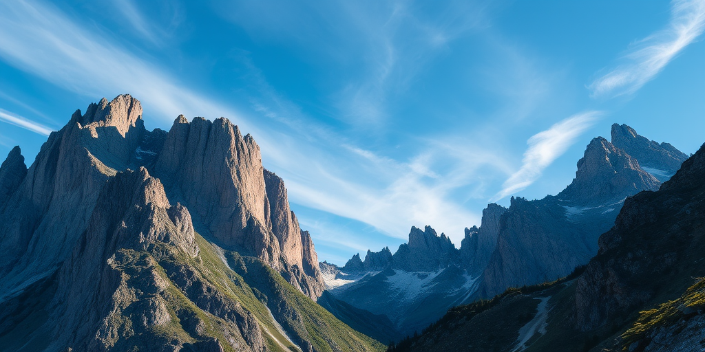 Capture a high-resolution image of a rugged mountain landscape under a clear blue sky with wispy clouds, using a DSLR camera with a 24mm lens at f/8, ISO 100, and a shutter speed of 1/200s, from a low angle to emphasize the towering peaks.
