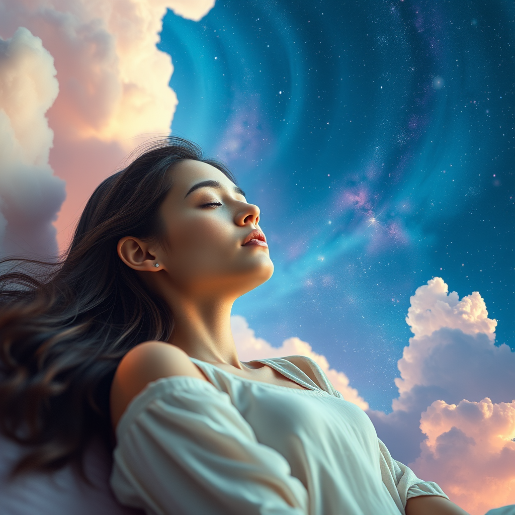 a serene scene of a young woman peacefully dreaming amidst a cosmic background of swirling galaxies and vibrant clouds, captured using a Canon EOS R5 with a 50mm f/1.2 lens, soft focus with a shallow depth of field, shooting in portrait mode to enhance the ethereal quality, with natural soft lighting to illuminate her face gently