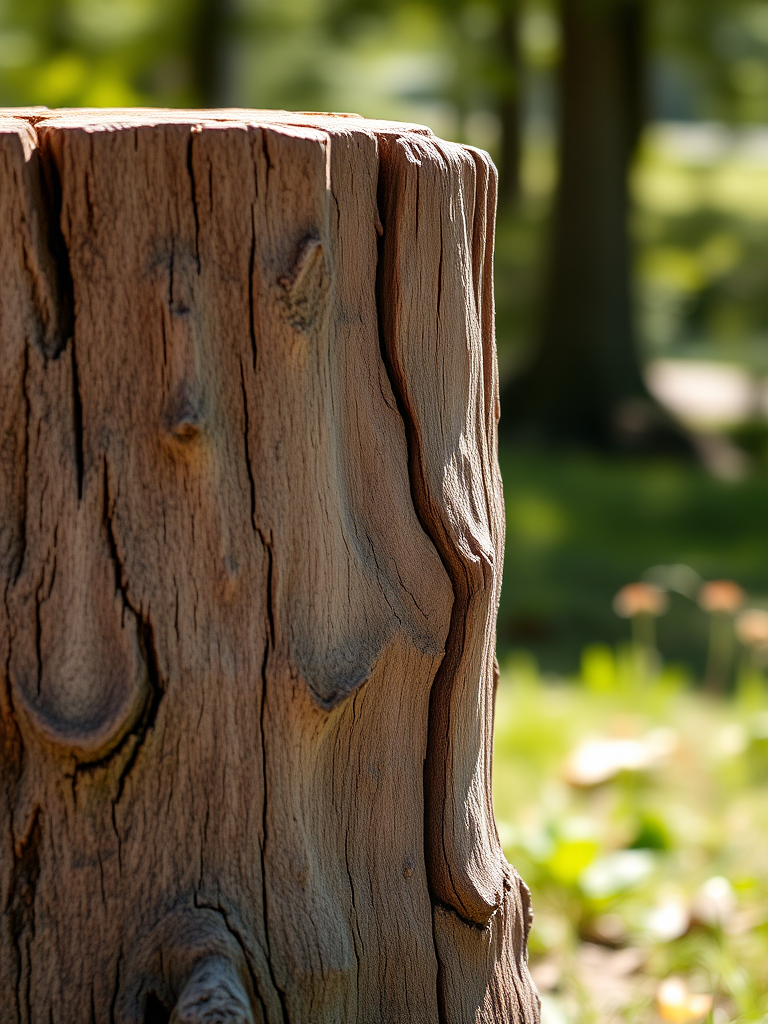 Create a high-resolution digital illustration of a wooden stump with detailed textures, soft natural lighting, captured with a DSLR camera at f/4 aperture, 50mm lens, ISO 100, in a bright outdoor setting with a shallow depth of field to enhance background blur.