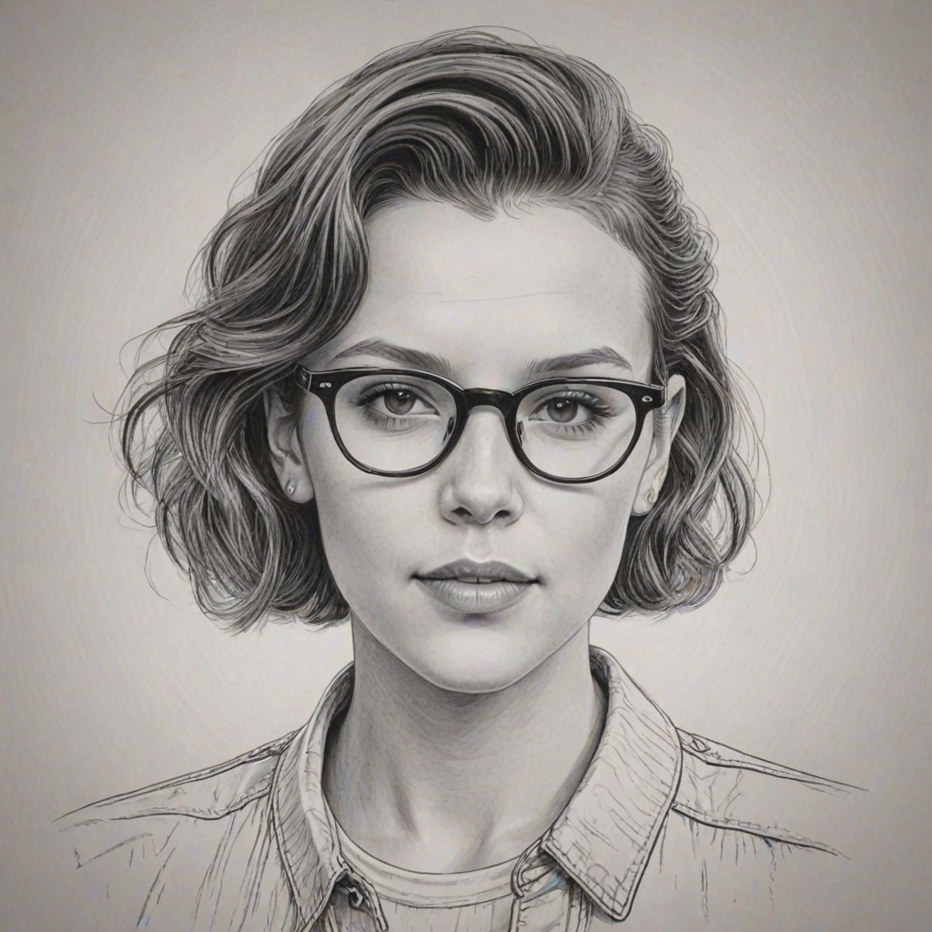 Radiant Millie Bobby Brown, pencil sketch, portrait of Exquisite woman 1980s in glasses, hair style beatnik, outline, clear lines, fine lines, 8k