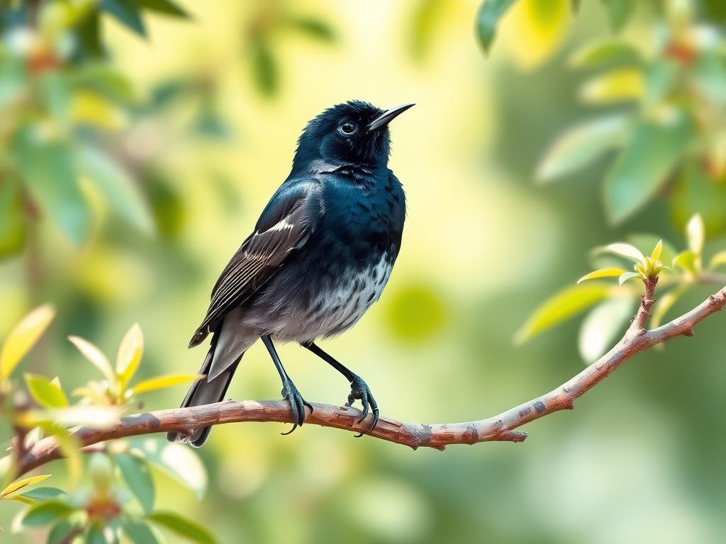 a detailed watercolor illustration of a blackbird perched on a branch surrounded by green foliage, soft focus background, natural lighting, shot with a Canon EOS 5D Mark IV, 50mm lens, aperture f/2.8, ISO 100, shutter speed 1/250s, vibrant colors and sharp details