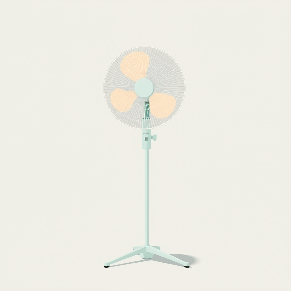 generate a minimalist illustration of a standing fan with a soft pastel color palette, focus on clean lines and a simple background, camera settings: aperture f/8 for sharpness, ISO 200 for clarity, shutter speed 1/60s, camera view: slightly angled from the front to showcase the fan's features, camera style: digital illustration, camera type: DSLR