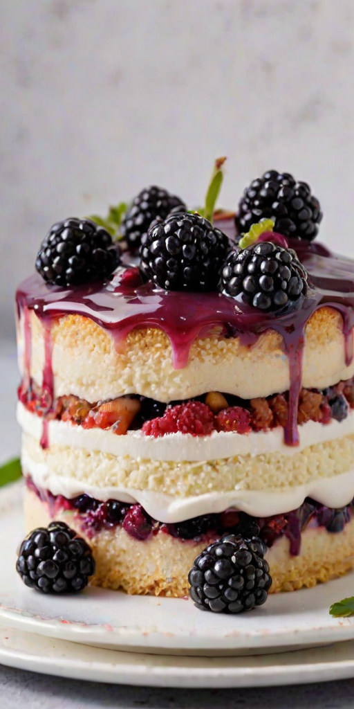Generate an image of a layered dessert with sponge cake and berry cream, featuring visible layers of fluffy cream and blackberries on top. The dessert should be served on a white plate with a fork beside it, and the background should be softly blurred to emphasize the dessert.