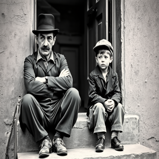 A black-and-white photograph of a man and a child sitting on steps in front of a doorway. The man is dressed as a tramp with a bowler hat, mustache, and ragged clothes, reminiscent of Charlie Chaplin's iconic look. He is sitting with his arms crossed and an expression of slight sadness or frustration. Next to him is a young boy, also in worn clothes and a cap, sitting with his hands clasped, looking thoughtful. The background is an old, textured wall and a partially open door, creating a vintage, early 20th-century atmosphere.