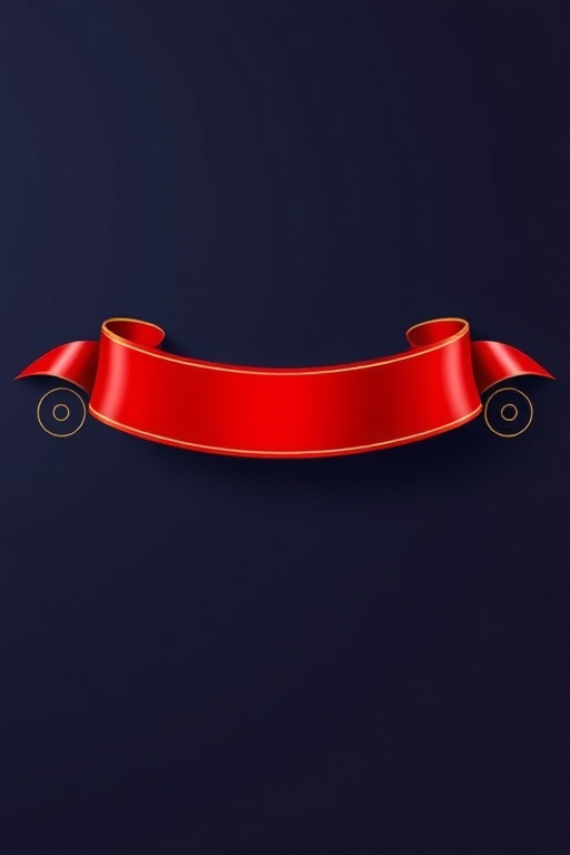 Create a vibrant red ribbon banner with golden edges, featuring elegant swirls at both ends, captured in high resolution with a Canon EOS 5D Mark IV, 50mm lens, f/2.8 aperture, 1/125 sec shutter speed, daylight lighting.