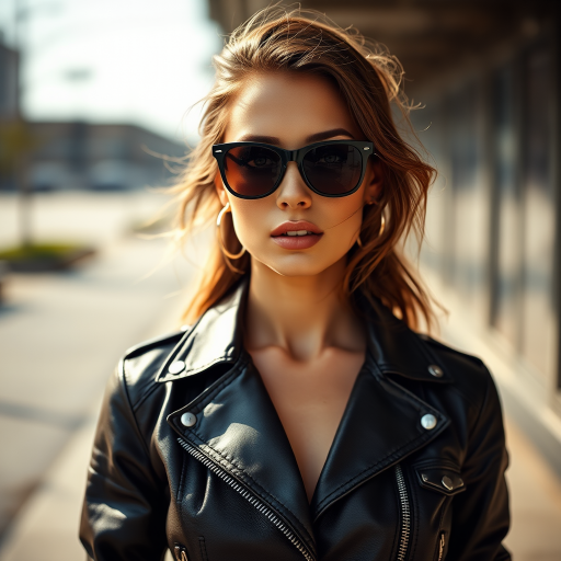 Outdoor shot, stunning female model, vintage leather jacket, sunglasses, cinematic effect, Position the camera at the model’s eye level using a 35mm f/1.4 lens