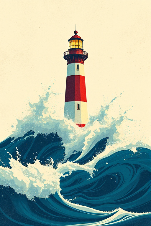 Create an illustration of a lighthouse amidst crashing waves with a vintage style, emphasizing dynamic movement, high contrast, and texture; shot using a DSLR camera with a 50mm lens at f/8, ISO 100, and a shutter speed of 1/250s for sharp details and vibrant colors.