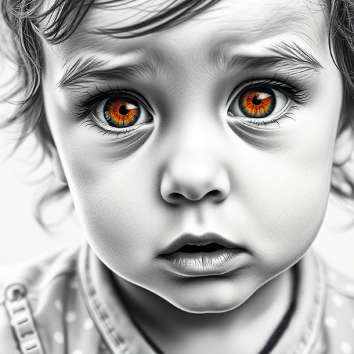 A hyperdetailed photorealistic black and white sketch of a beautiful toddler with deep orange eyes, with a macro focus