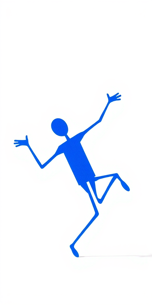 Create a vibrant blue stick figure dancing with exaggerated movements on a plain white background, captured with a Canon EOS R5, 50mm lens at f/1.8, ISO 100, and 1/200 sec shutter speed for sharpness and depth of field.