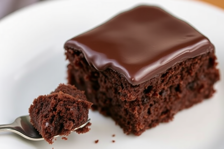 A slice of rich chocolate cake with a glossy chocolate ganache on top served on a white plate with a fork and a bite taken out of the cake showing its moist texture.