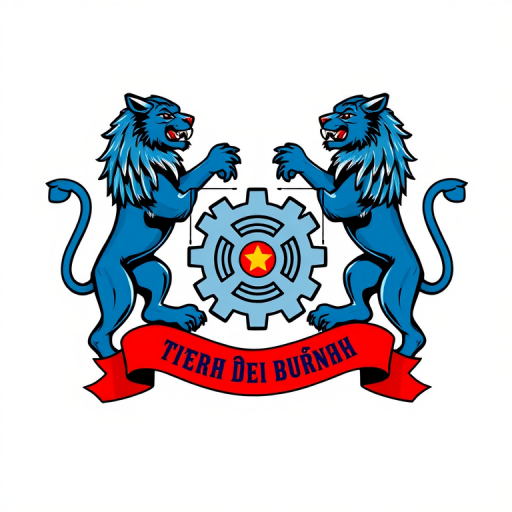 Create a highly detailed digital illustration of a coat of arms featuring two blue lions, a gear symbol, and a red ribbon with Burmese text, using a Canon EOS R5 camera with a 50mm lens, aperture set at f/1.8, ISO 100, shooting from eye level with natural lighting to enhance colors and clarity.