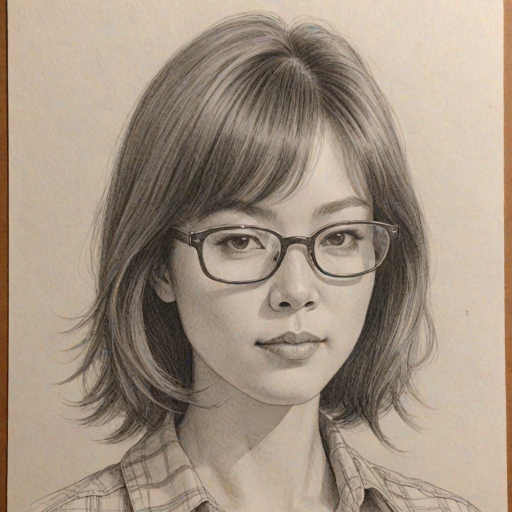Captivating Cathy Ang, pencil sketch, portrait of Pleasing woman 1972s in glasses, hair style beatnik, outline, clear lines, fine lines, 8k