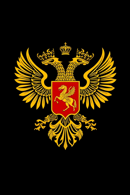 Create a highly detailed vector illustration of the Russian coat of arms featuring a double-headed eagle with intricate feathers, a shield depicting a knight on horseback, surrounded by royal crowns, in a high-resolution setting, using a Canon EOS R5 camera with a 50mm f/1.2 lens, at f/8, ISO 100, and a 1/200s shutter speed, captured in a centered view with a clean black background to enhance the gold and red colors.