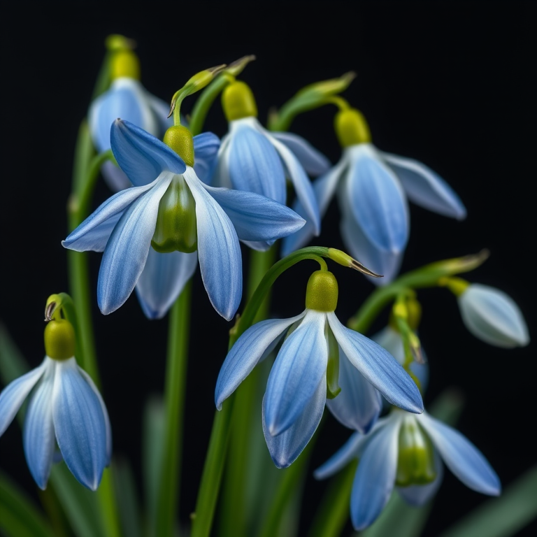 a close-up view of snowdrop flowers with vibrant blue petals and green accents against a black background, captured with a DSLR camera, f/2.8 aperture, 50mm lens, ISO 100, natural lighting for enhanced colors and details