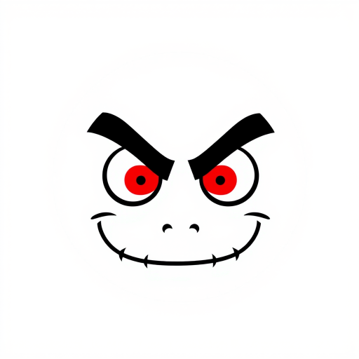 Create a minimalist illustration of a mischievous face with bold black eyebrows, bright red eyes, and a sly smile on a transparent background.
