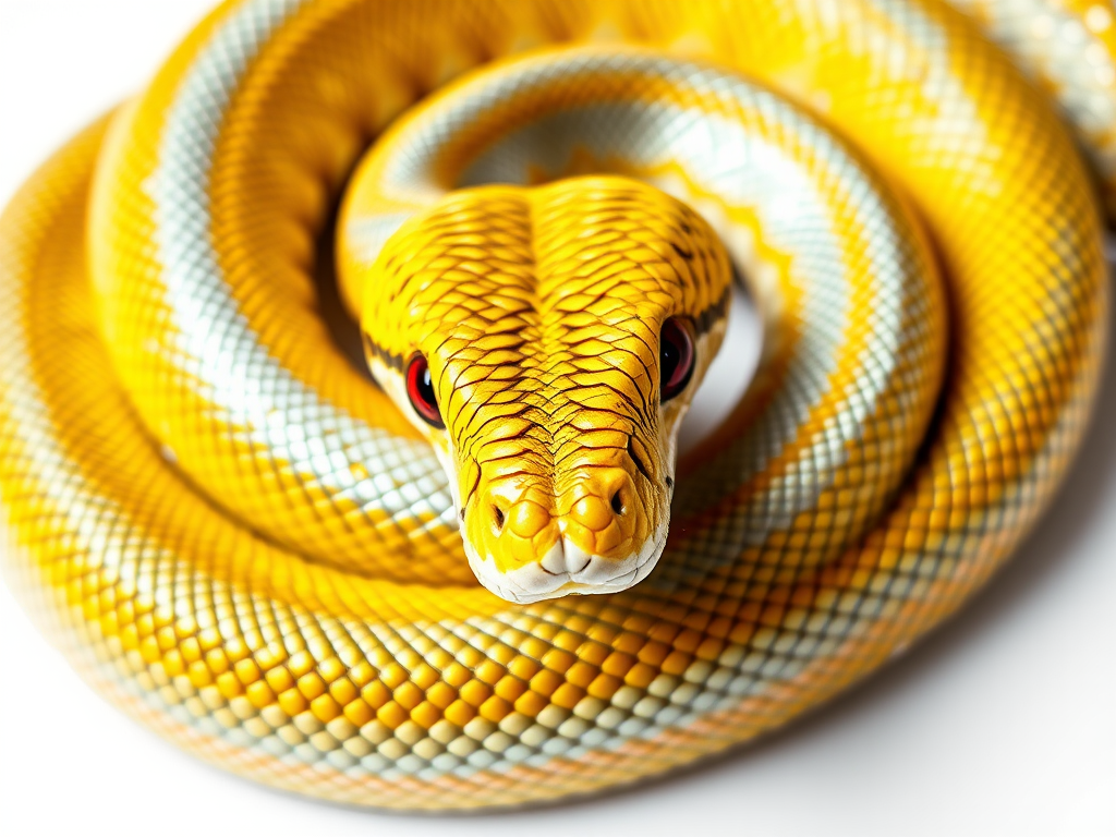 Create a vibrant, stylized illustration of a coiled snake with yellow and silver scales, featuring sharp red eyes, set against a clean white background, captured in high resolution with a DSLR camera at f/2.8 aperture, 50mm lens, using a macro perspective to enhance details and contrast.