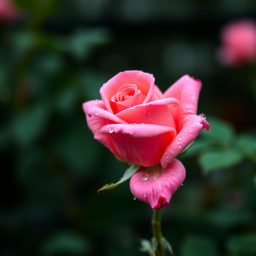 Create an image of a single rose with dew drops on its petals. The rose should be in full bloom and the background should be blurred with a hint of greenery. The rose should be captured from a side angle, showcasing its vibrant color and intricate petal structure.