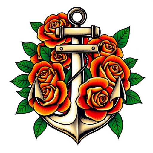 Traditional American tattoo style piece called "Sailor's Devotion" featuring a bold anchor wrapped in vibrant roses with classic red, green, and yellow color palette and thick black outlines