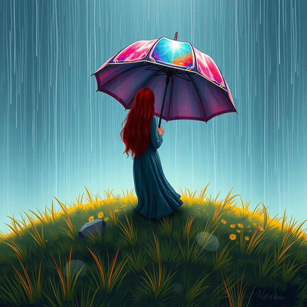 A surreal hand-drawn digital artwork depicting a mysterious red-haired woman standing on a grassy hill under the rain. She holds an umbrella crafted from iridescent zircon, its vibrant sheen contrasting with the soft, rainy atmosphere. The scene feels dreamlike, blending the natural elements of the hill and rain with the otherworldly shimmer of the umbrella.