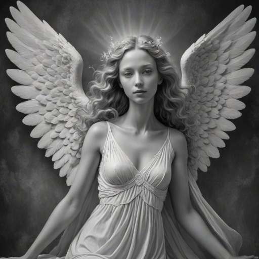 An angel, crafted in the unique style of Folk Art, as she unfolds herself against an ethereal backdrop, her wings softly billowing, face radiating a heavenly glow, every curl in her strikingly serene countenance finely brushed, monochrome, detailed techniques, ultra fine, breathtaking surreal masterpiece
