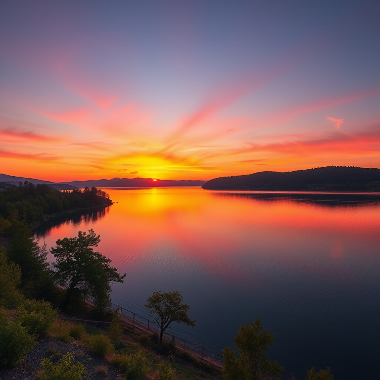 Create a high-resolution image of a serene landscape with a vivid sunset over a calm lake, featuring lush trees on the shore, with a DSLR camera at f/8 aperture, ISO 100, 1/250 shutter speed, wide-angle view to capture the full scene.
