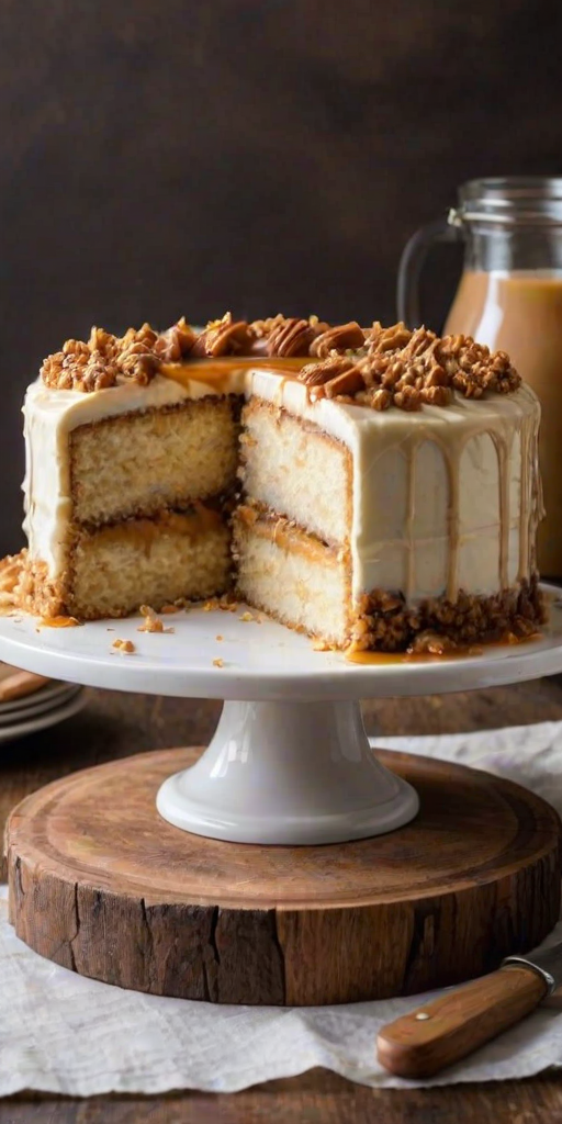 Generate an image of a layered vanilla cake with cream frosting and a crumb topping. The cake should be partially sliced, revealing the layers inside. Include a rustic wooden board as the base and a jar of caramel sauce in the background. The setting should be warm and inviting, with soft lighting.