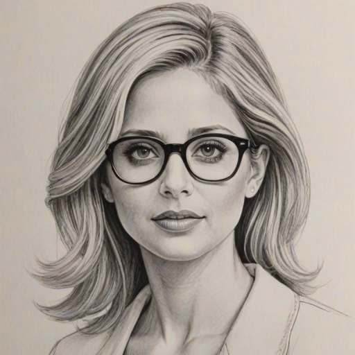 Alluring Sarah Michelle Gellar, pencil sketch, portrait of Wonderful woman 1953s in glasses, hair style beatnik, outline, clear lines, fine lines, 8k