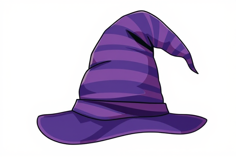 Create an illustration of a purple striped hat with a classic wizard style, using a DSLR camera with a 50mm lens, f/2.8 aperture, ISO 100, shot in vibrant color mode with a soft background blur to enhance quality.