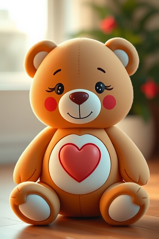 Create a high-resolution image of a cute cartoon teddy bear with a heart on its tummy, soft lines, and a friendly expression, captured with a Canon EOS R5, 50mm lens, f/1.8 aperture, natural light, and a shallow depth of field for a blurred background effect.
