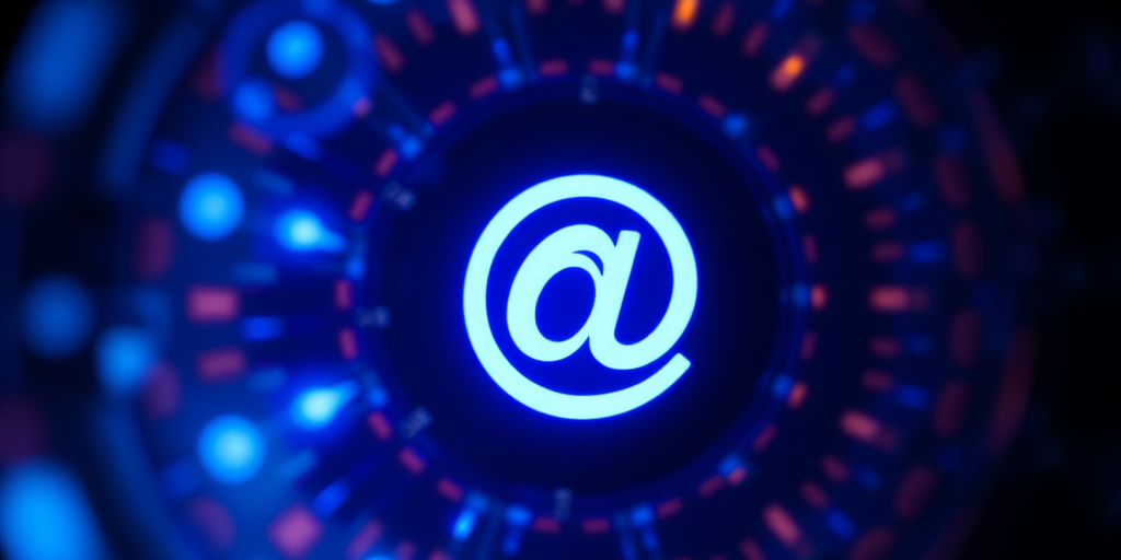Generate an abstract image with a glowing blue @ symbol in the center, using a macro lens, f/2.8 aperture, ISO 100, 1/60 shutter speed, top-down view, and a high-resolution digital camera for enhanced clarity and vividness.