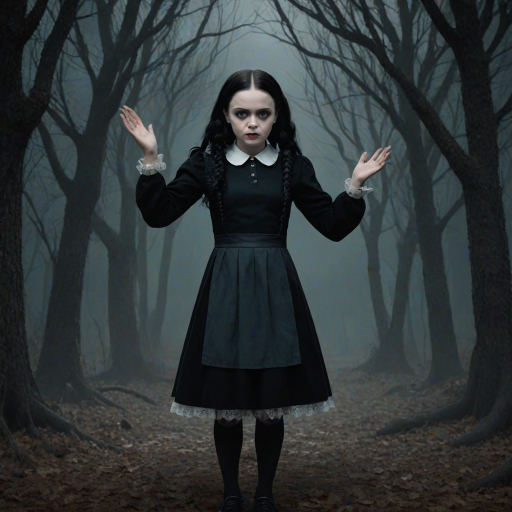 Digital art, full height portrait of Wednesday Addams, standing up with her hands in the air as if in a hold-up. Her dark, gothic attire replaces Alice’s classic blue dress, and she wears black shoes instead of blue. A small, neat black bow adorns her hair, capturing her signature style. The overall composition maintains a whimsical yet eerie tone, similar to Alice in Wonderland, while showcasing Wednesday’s iconic gothic charm.