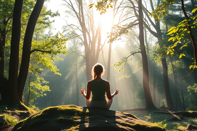 Serene forest clearing at dawn, sunlight streaming through the trees, a woman sits on a moss-covered rock, meditating as birds sing in the canopy above.