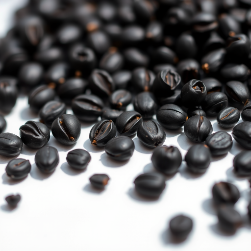 macro shot of black seeds on a white background, f/2.8 aperture, 100mm lens, ISO 100, natural sunlight, taken with a DSLR camera