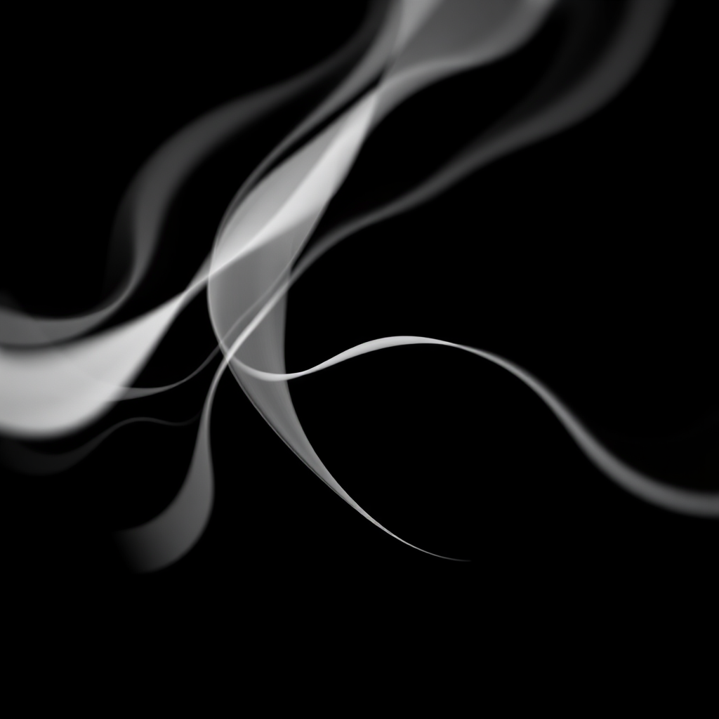 Create an abstract image featuring organic shapes with flowing lines in white against a solid black background, captured with a DSLR camera at f/5.6 aperture, ISO 100, and a 50mm lens, utilizing a soft focus technique for a dreamy effect.